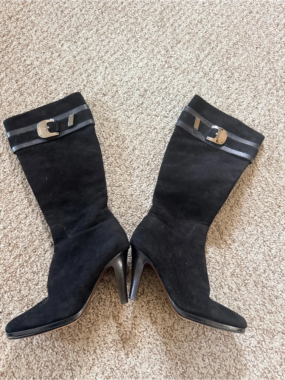 Cole Haan Nike Air Black Mid-Calf Suede Heeled Boots with Buckle Straps